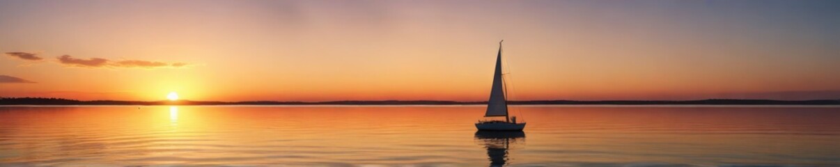 Obraz premium sailboat on lake Neusiedl amidst a peaceful sunset, trees, reflection
