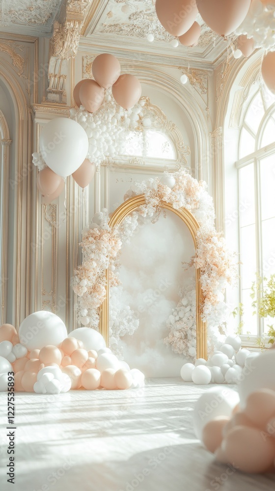 Poster bright sunlight filters through large windows, illuminating a whimsical setting filled with pastel b