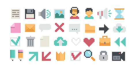 Fototapeta premium Set of simple Pixel Аrt vector icons in retro 8-bit game style isolated on white. Flat pixel icons for office app ui interface
