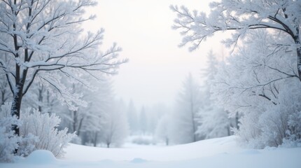 Fototapeta premium A charming view of tree branches heavily laden with snow, set against a soft gray sky. 