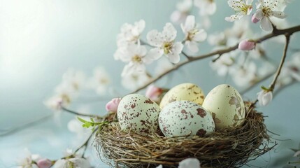 Obraz premium A nest of eggs is surrounded by a branch of flowers