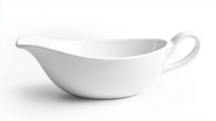 Photorealistic image of a white ceramic gravy boat with a rounded handle, isolated on a white background
