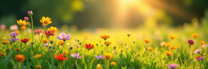Sun-drenched meadow, vibrant wildflowers blooming, springtime, yellow