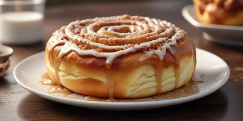 Round plate filled with a fluffy, golden-brown cinnamon bun, topped with a crunchy sugar topping and drizzled with a sweet glaze, pastry, glazed pastry
