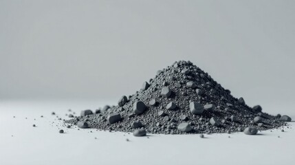 A Small Pile of Dark Gray Granular Material with Larger Pebbles Scattered Throughout on a Light Gray Surface