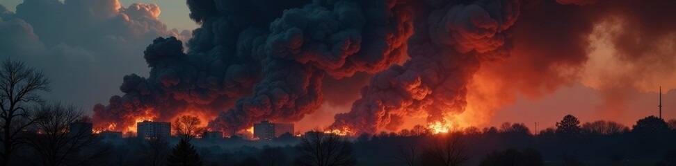 Thick black smoke billows from burning structure's windows , orange flames, building fire