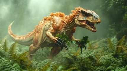 Therizinosaurus cheloniformis belonging the Therizinosauridae family using its massive claws to strip ferns in a misty jungle during the Late Cretaceous period