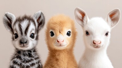 Obraz premium Adorable baby zebra, llama, and deer close-up studio shot