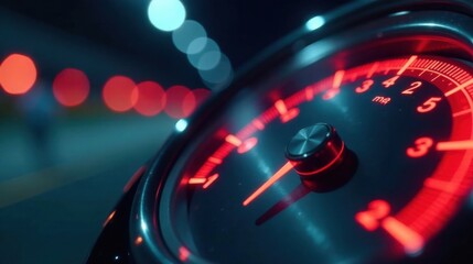 Night Driving Close-up of Illuminated Vehicle Gauge Reflecting City Lights