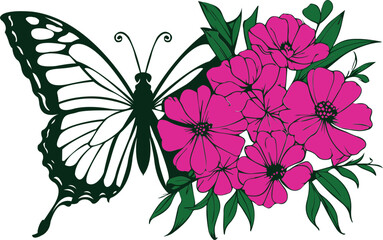 Black and White Butterfly and Pink Flowers Illustrations - Butterfly and Flowers Illustrations