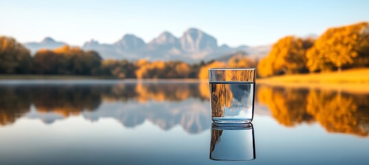 Glass Of Clean Water On The Background Of Mountains And Autumn Forest Reflecting, Refreshing Drink