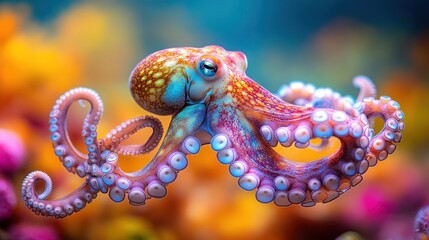 Obraz premium Vibrant octopus in colorful coral reef.