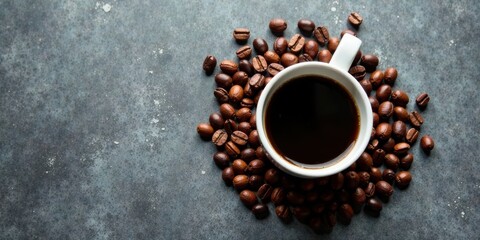 Naklejka premium Aromatic Dark Roast Coffee in a Simple White Mug Surrounded by Roasted Beans on a Textured Surface