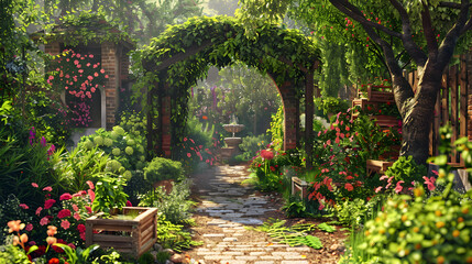 Obraz premium Sustainable and Creative Outdoor Gardening Space: Inviting Wonder with Eclectic Flora