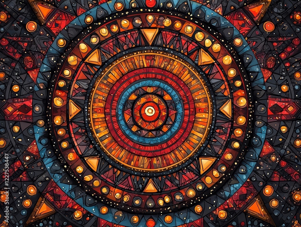 Poster vibrant tribal pattern with concentric circles and triangular motifs
