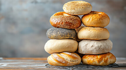 A high-fidelity image of a stack of assorted bagels, including sesame and poppy seed varieties, perfect for culinary and food-related projects.