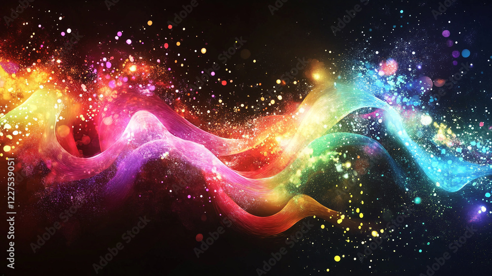Poster colorful abstract waves of light and particles flowing through a dark background, creating a vibrant