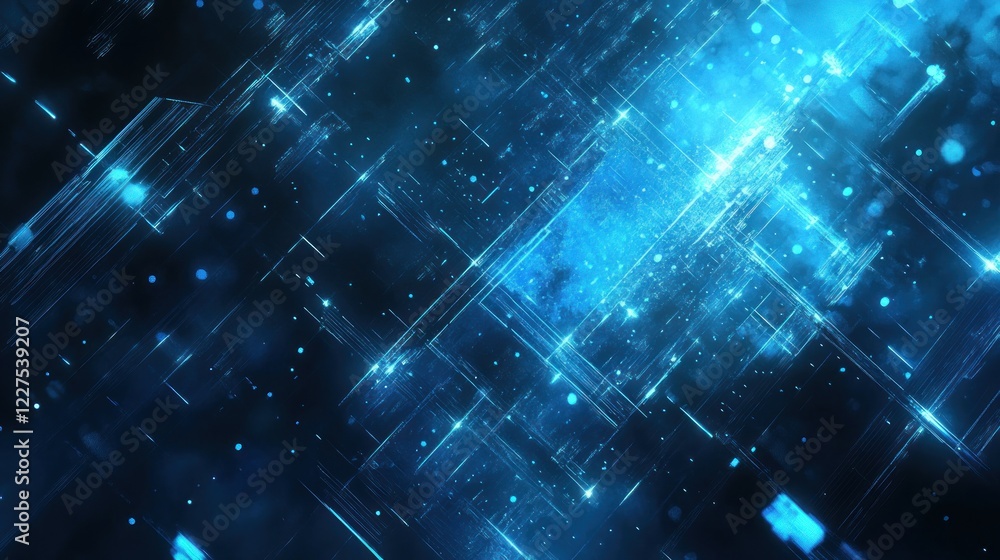 Poster abstract digital network with glowing blue lines and dots on a dark cosmic background
