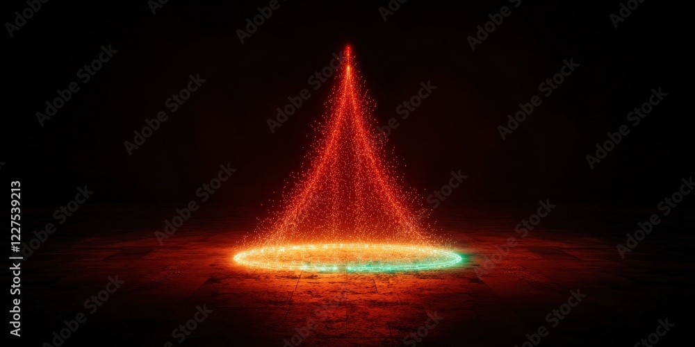 Poster a vibrant display of colored water forming a cone shape against a dark background, creating a mesmer