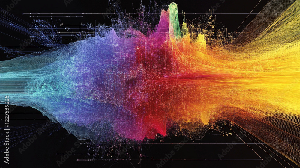 Poster colorful abstract wave of sound frequencies representing audio visualization with vibrant hues