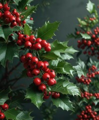 Red holly berries in clusters against a dark green leafy background, plant life, festive holiday decor, autumnal colors