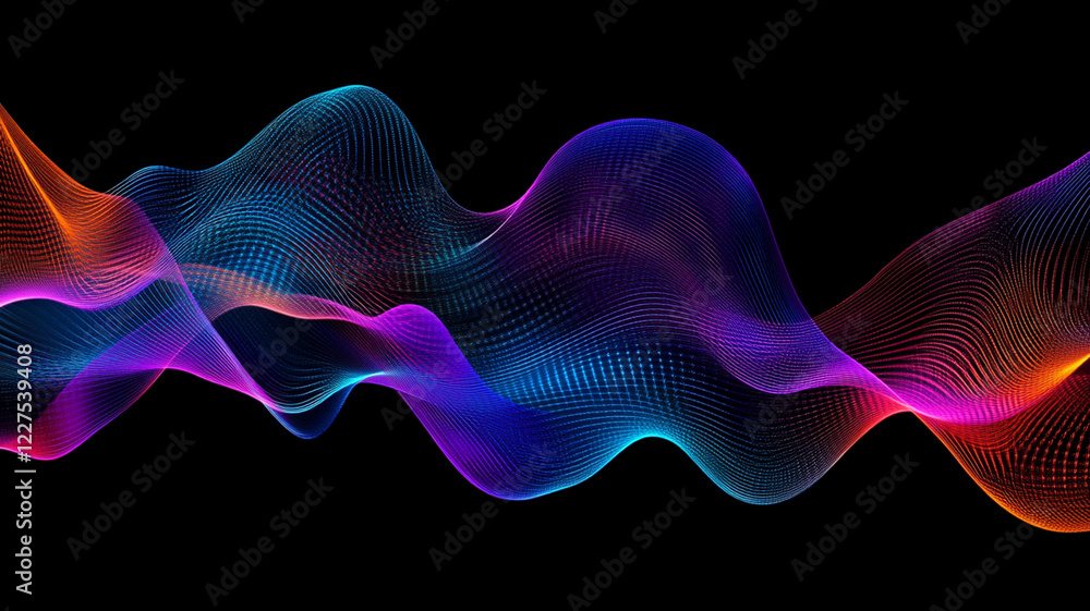 Poster colorful abstract wave patterns flowing in a dark background, illustrating motion and energy dynamic