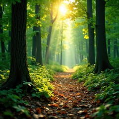 Obraz premium Sunlight dapples forest floor, dew-kissed leaves, vegetation, picture