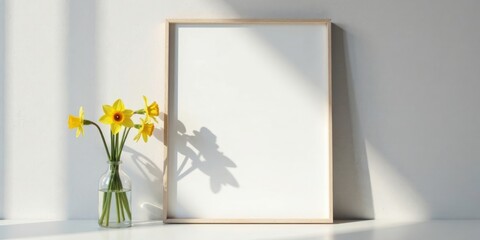 Simple springtime arrangement with a blank frame and daffodils in a clear glass vase against a white wall background, bathed in sunlight