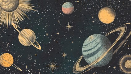 Exploring the beauty of a vintage celestial map featuring planets, stars, and the sun in a cosmic galaxy