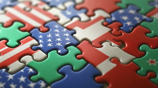 Global Unity: Intertwined Flags on Puzzle Pieces