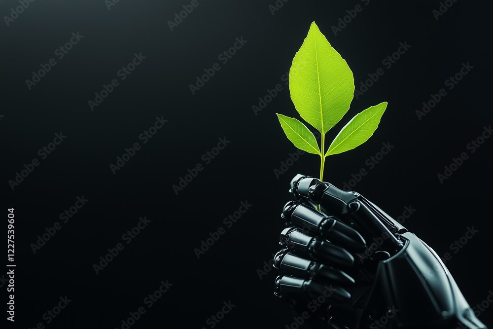Poster a simple robotic arm delicately grasps a single green leaf, showcasing a contrast between technology