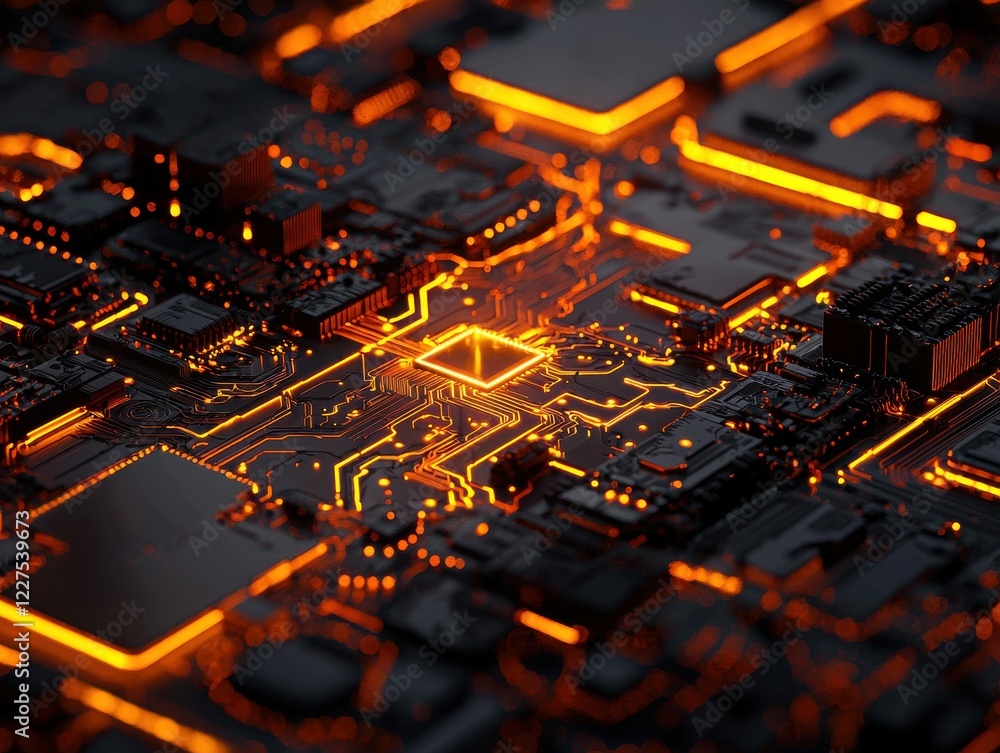 Poster a close-up of a glowing circuit board with intricate patterns and vibrant orange lines, showcasing a