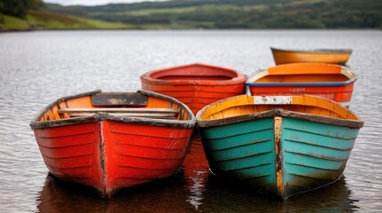 Obraz premium Colorful rowboats moored on calm lake, hills background; peaceful scene for travel brochure