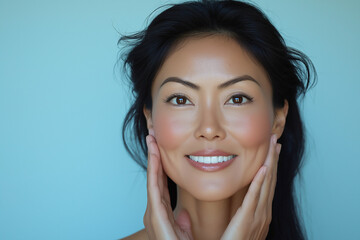 A radiant Asian woman in her late thirties smiles while gently touching her face with both hands against a light blue background. Captured in an advertising photography style, the image highlights.