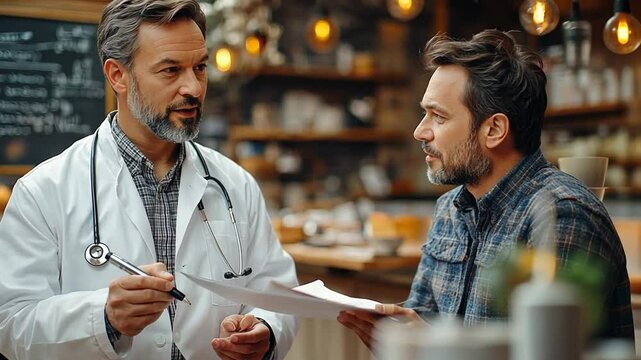 Doctor Patient Consultation: A mature doctor in a white coat attentively reviews medical documents with a concerned patient in a relaxed cafe setting.