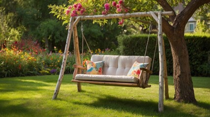 A charming swing hanging from a sturdy tree branch in a sunny yard, surrounded by vibrant green grass and colorful flowers