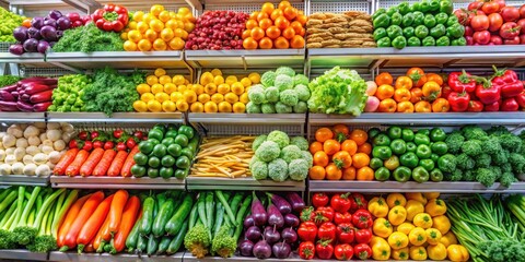 Obraz premium Colorful vegetables arranged artfully on a neatly stacked shelf in a modern supermarket store setting, supermarket, assorted vegetables