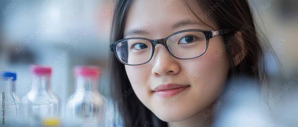 Poster young scientist in laboratory with glasses preparing experiments and analyzing data. close-up of fem
