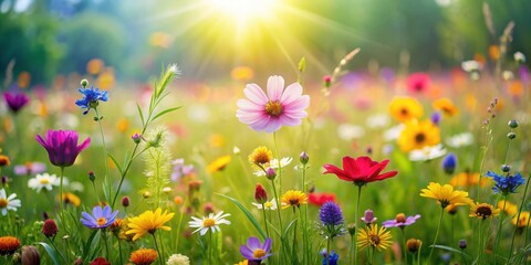 Vibrant wildflowers sway in gentle breeze