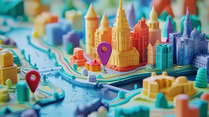 Colorful 3D City Map with Intricate Details and Location Markers