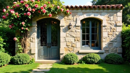 Stone Cottage with Blooming Rose Archway and Lush Greenery