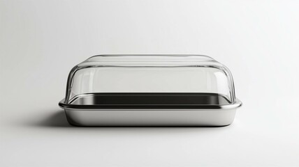 Photorealistic image of a transparent glass butter dish with a stainless steel lid, isolated on a white background
