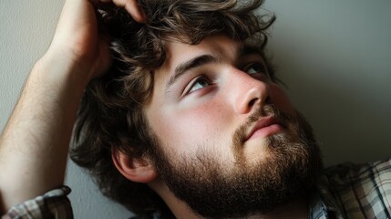Fototapeta premium Young man with beard, deep in thought, resting against a wall. Ideal for concepts of reflection, creativity, and personal growth in lifestyle imagery.