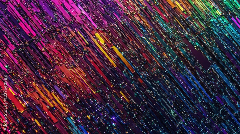 Poster An extreme close-up of computer monitor pixels in RGB hues, forming an intricate and glowing digital pattern, highlighting the advanced technology of modern screens
