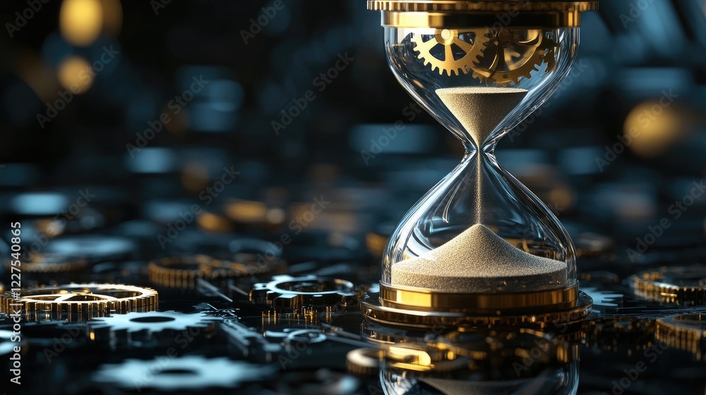 Poster an hourglass with sand flowing into gears, symbolizing the transformation of time into innovation, p