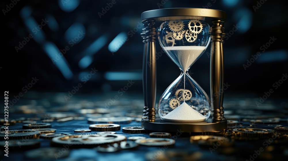 Aufkleber an hourglass with sand flowing into gears, symbolizing the transformation of time into innovation, p