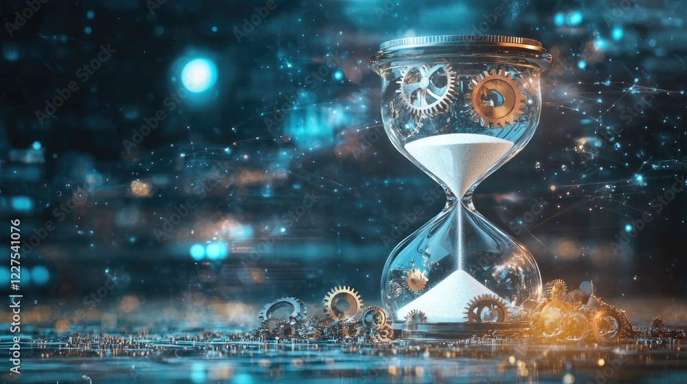 Poster An hourglass with sand turning into gears, illustrating the seamless connection between time and technological progress, symbolizing innovation and change
