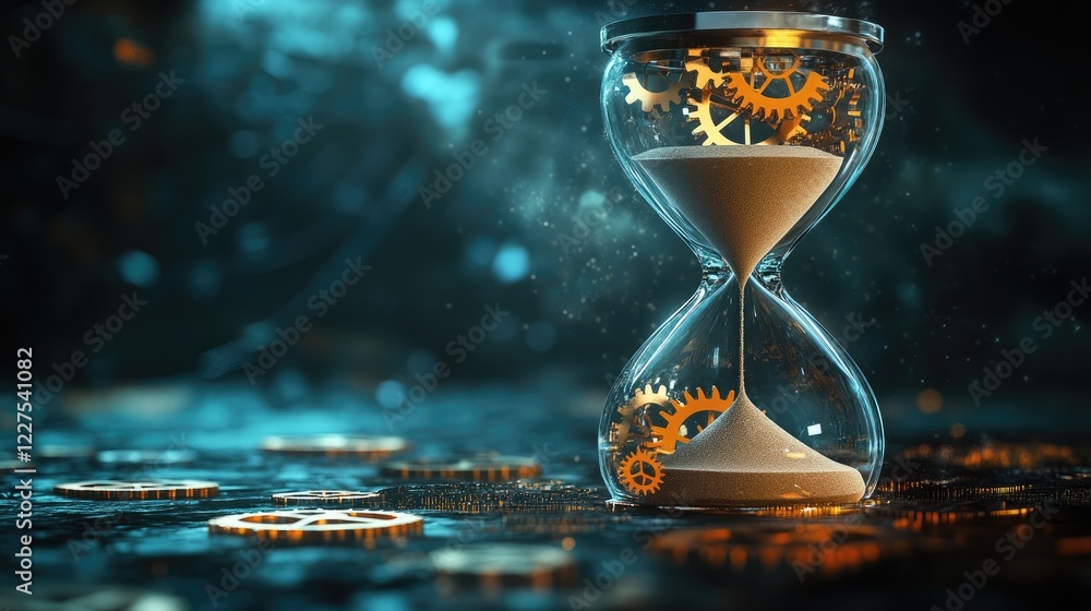 Poster An hourglass with sand turning into gears, illustrating the seamless connection between time and technological progress, symbolizing innovation and change