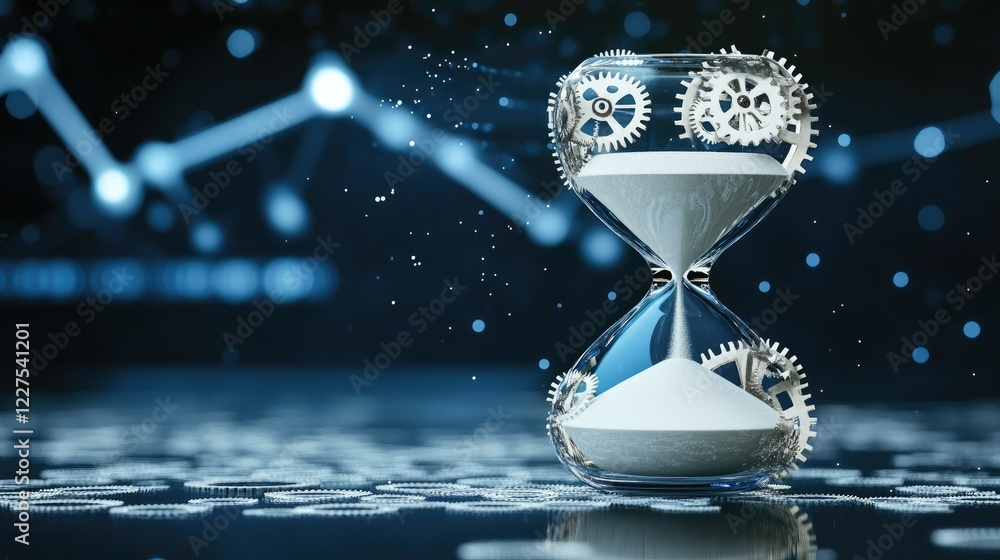 Poster an hourglass with sand turning into gears, illustrating the seamless connection between time and tec