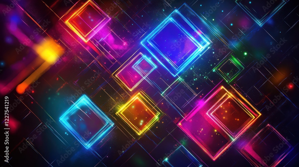 Poster colorful squares shine on dark background with glowing lines for use as abstract graphic